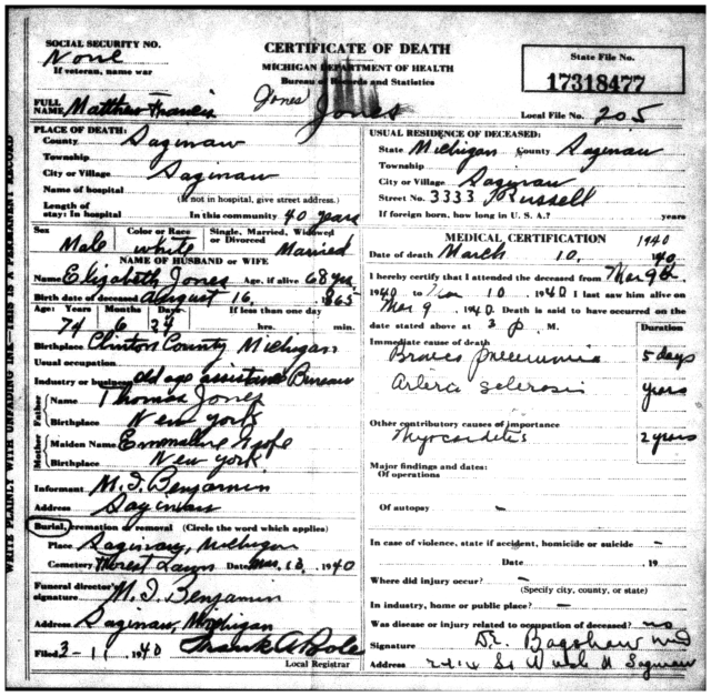 Jones, Matthew Francis Death 1940